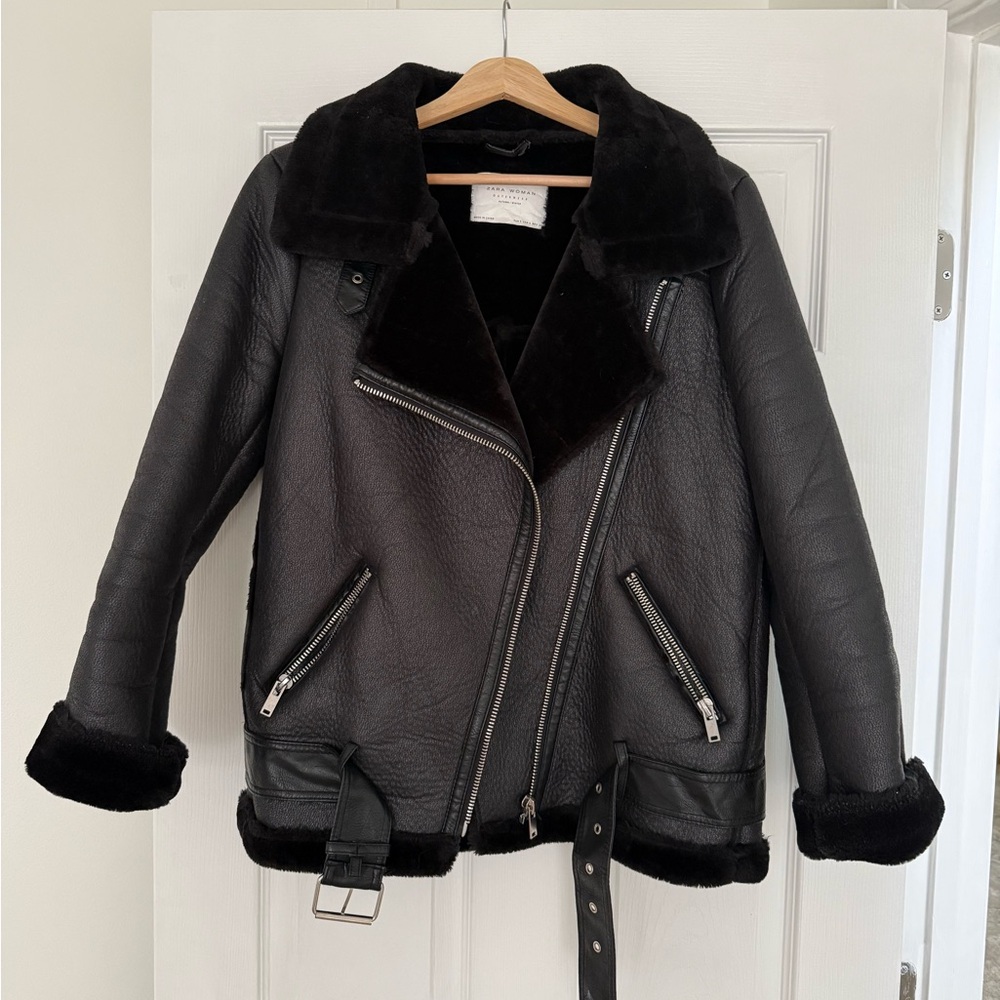Zara Black Leather Shearling Jacket